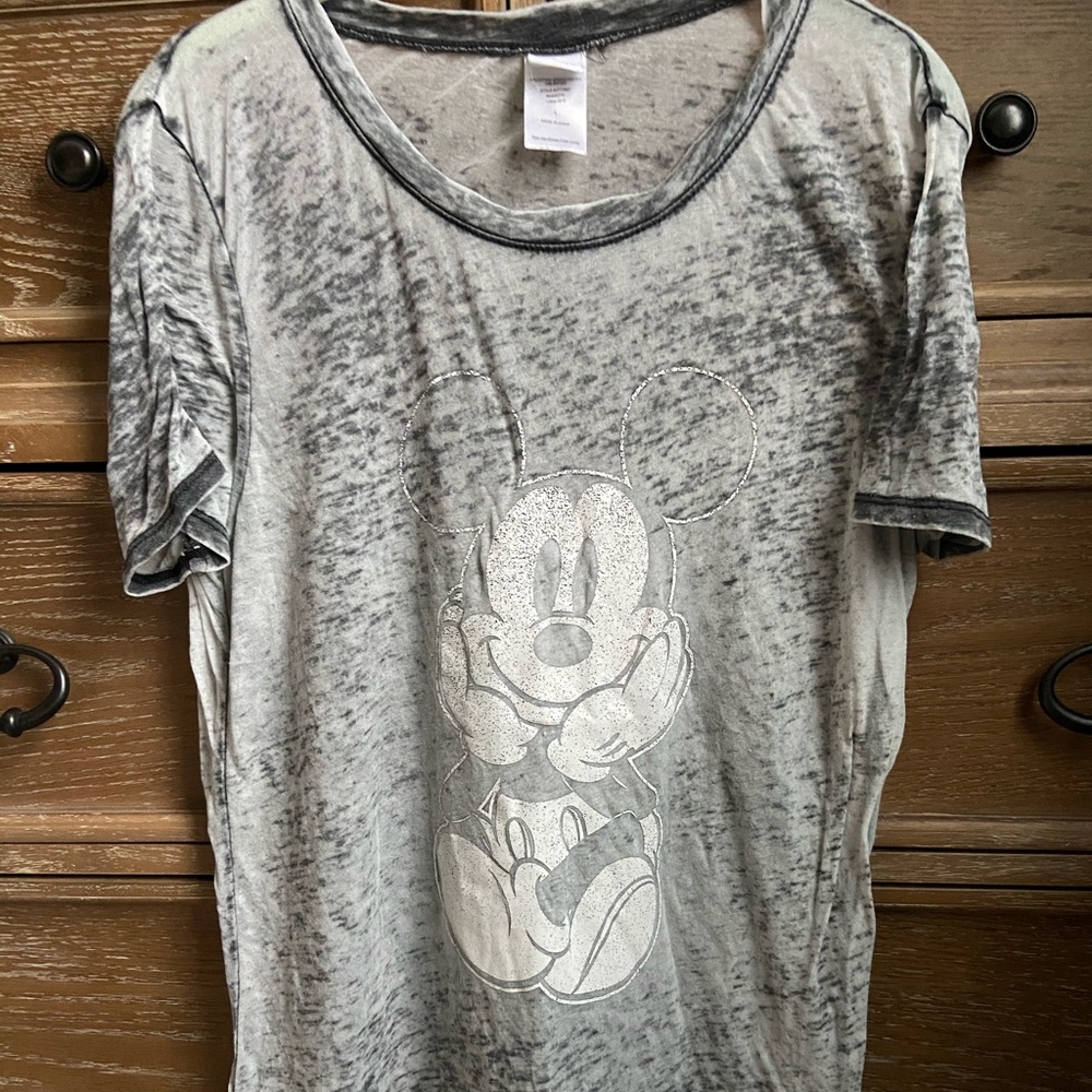DISNEY Top, Mickey Mouse, Gray, Burnout Thin, Sz L